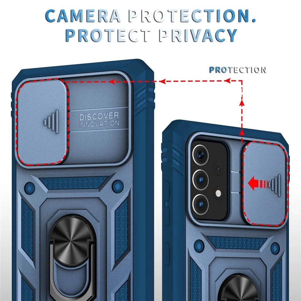 Slide Camera Cover Design Hybrid Phone Case Kickstand Shell with Card Holder for Samsung Galaxy A52s 5G/A52 4G / 5G - Blue - 5