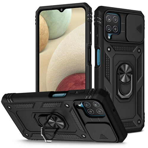 Shockproof PC + TPU Hybrid Kickstand Card Slot Phone Case Shell with Side Camera Cover for Samsung Galaxy A12 - Black - 1