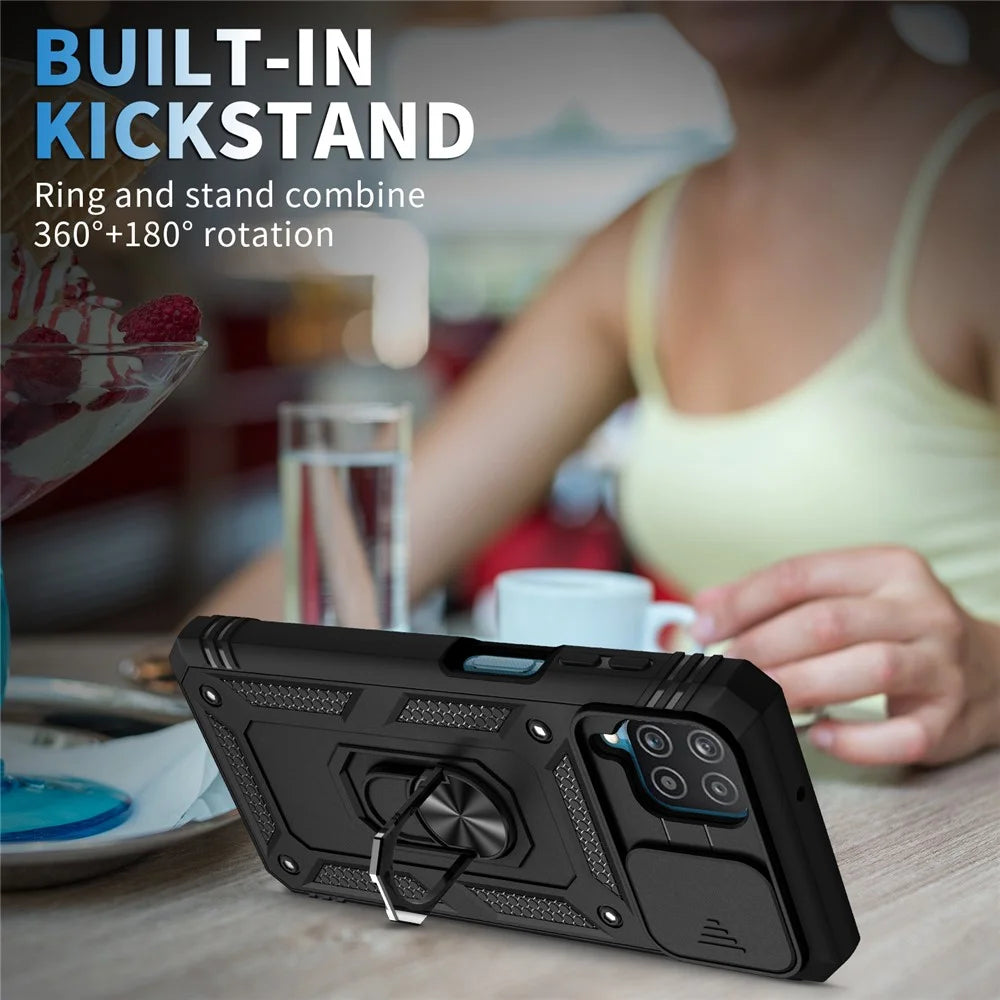 Shockproof PC + TPU Hybrid Kickstand Card Slot Phone Case Shell with Side Camera Cover for Samsung Galaxy A12 - Black - 2