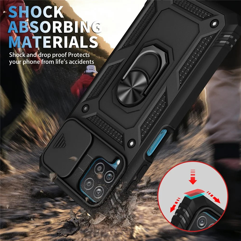 Shockproof PC + TPU Hybrid Kickstand Card Slot Phone Case Shell with Side Camera Cover for Samsung Galaxy A12 - Black - 3