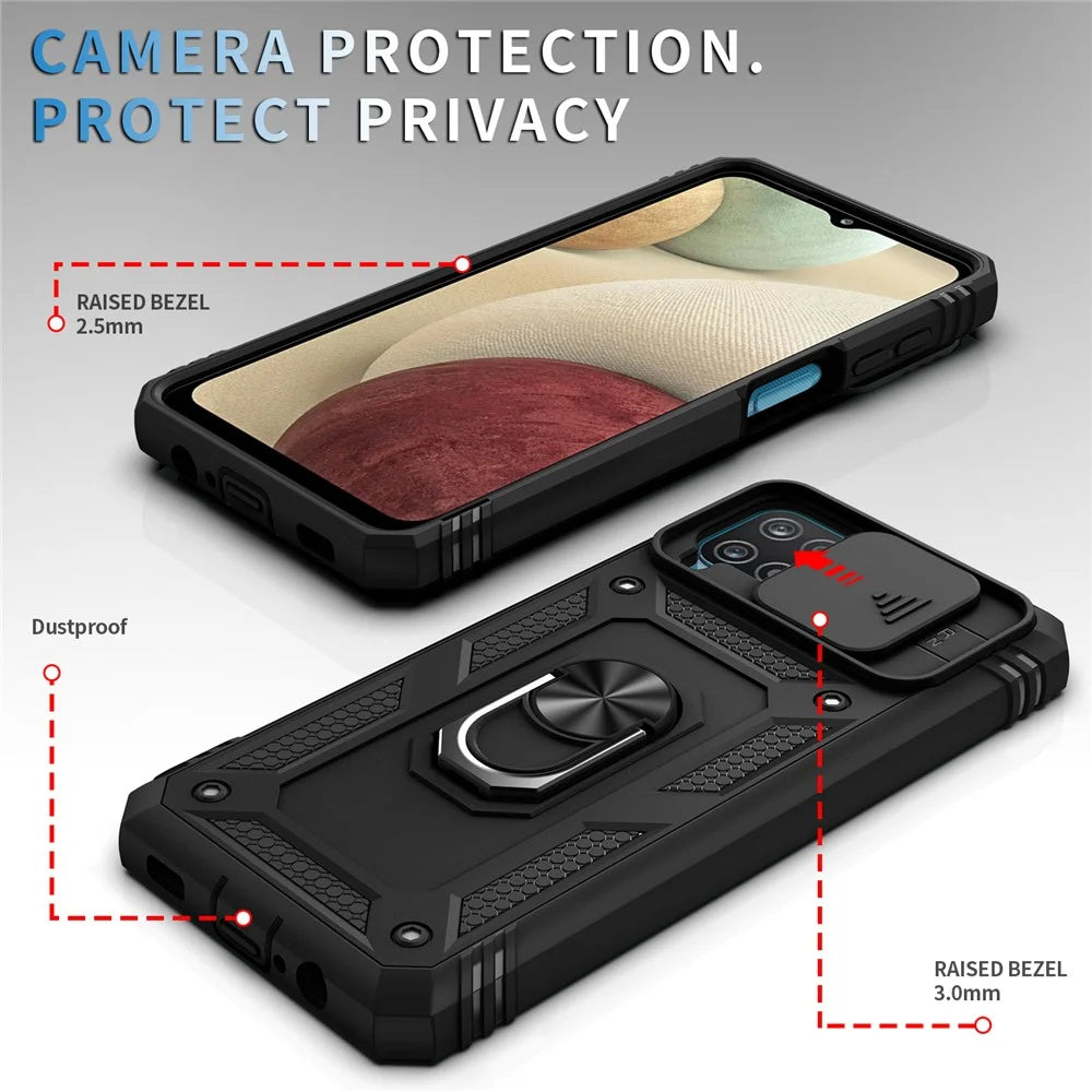 Shockproof PC + TPU Hybrid Kickstand Card Slot Phone Case Shell with Side Camera Cover for Samsung Galaxy A12 - Black - 4