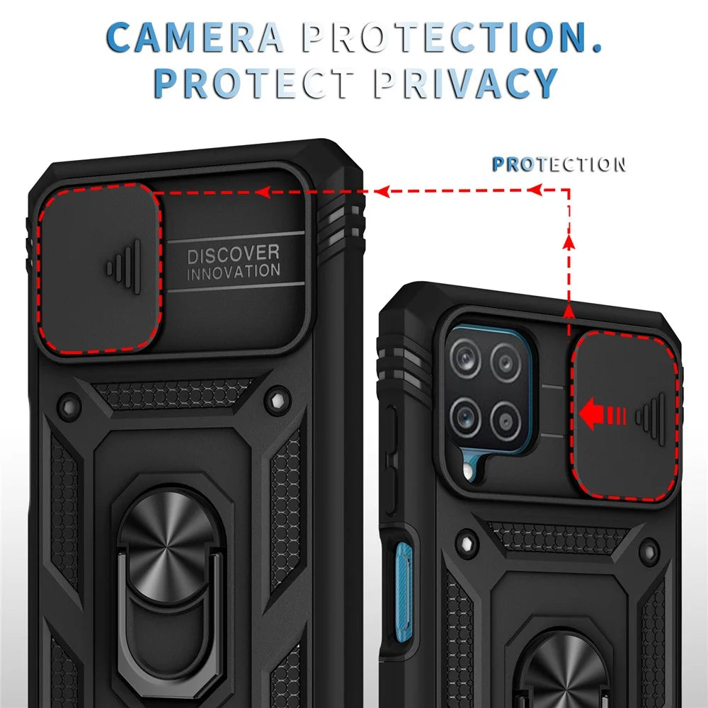 Shockproof PC + TPU Hybrid Kickstand Card Slot Phone Case Shell with Side Camera Cover for Samsung Galaxy A12 - Black - 5