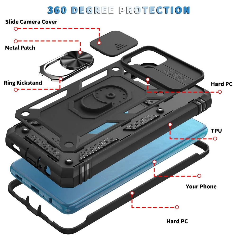 Shockproof PC + TPU Hybrid Kickstand Card Slot Phone Case Shell with Side Camera Cover for Samsung Galaxy A12 - Black - 6