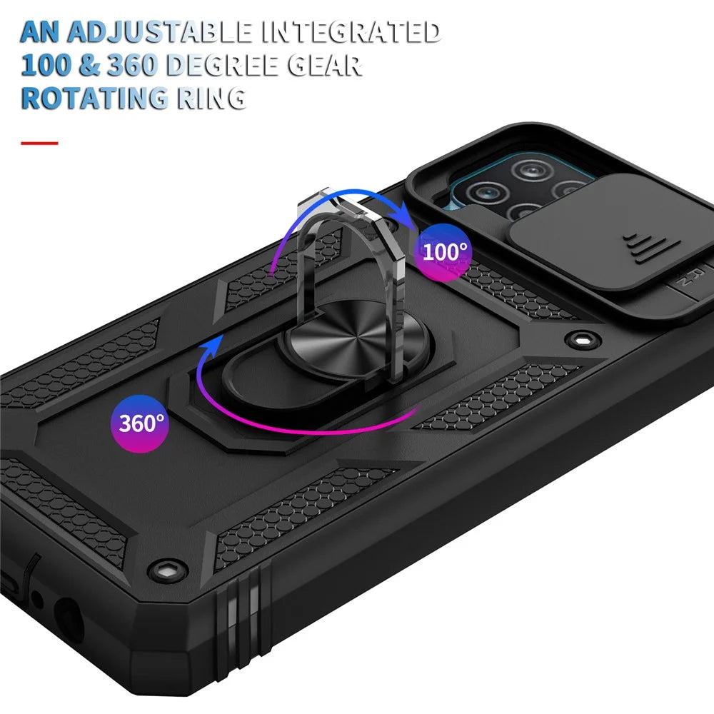 Shockproof PC + TPU Hybrid Kickstand Card Slot Phone Case Shell with Side Camera Cover for Samsung Galaxy A12 - Black - 7