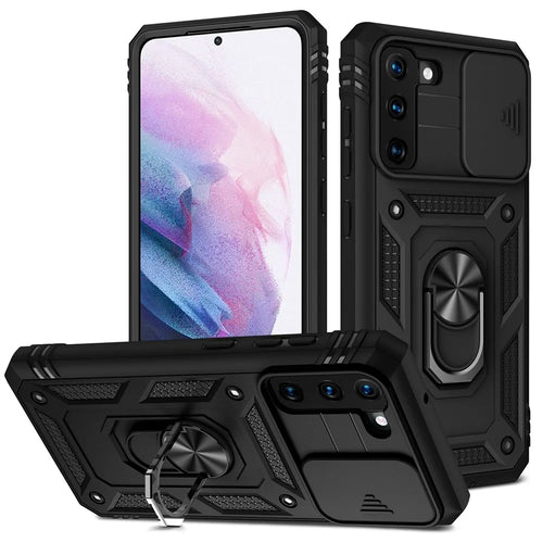Kickstand 3-in-1 TPU Protection Cover Shockproof PC Shell with Camera Slider for Samsung Galaxy S21 5G/4G - Black - 1