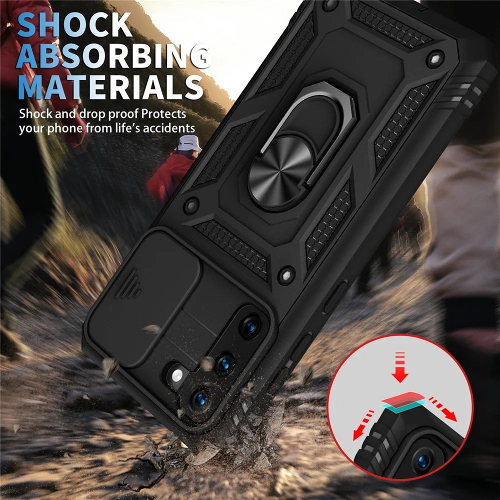 Kickstand 3-in-1 TPU Protection Cover Shockproof PC Shell with Camera Slider for Samsung Galaxy S21 5G/4G - Black - 3