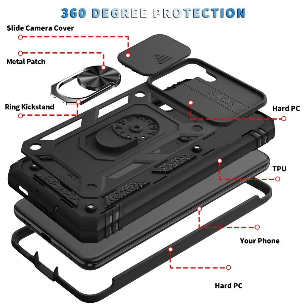 Kickstand 3-in-1 TPU Protection Cover Shockproof PC Shell with Camera Slider for Samsung Galaxy S21 5G/4G - Black - 6