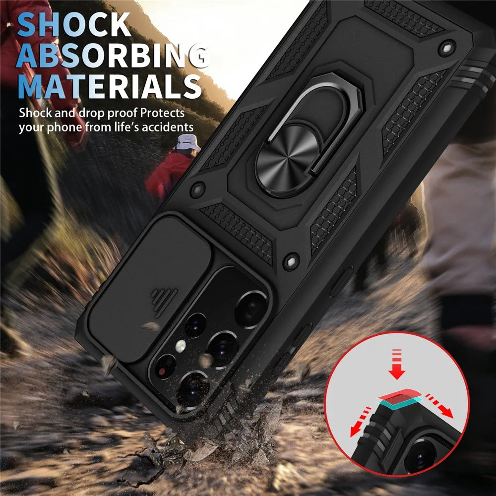 Camera Slider Design Anti-Fall Shockproof Hard PC Shield Soft TPU Phone Cover with Metal Kickstand for Samsung Galaxy S21 Ultra 5G - Black - 3