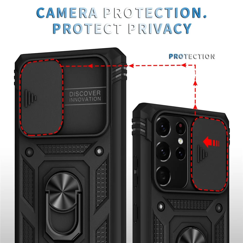 Camera Slider Design Anti-Fall Shockproof Hard PC Shield Soft TPU Phone Cover with Metal Kickstand for Samsung Galaxy S21 Ultra 5G - Black - 5