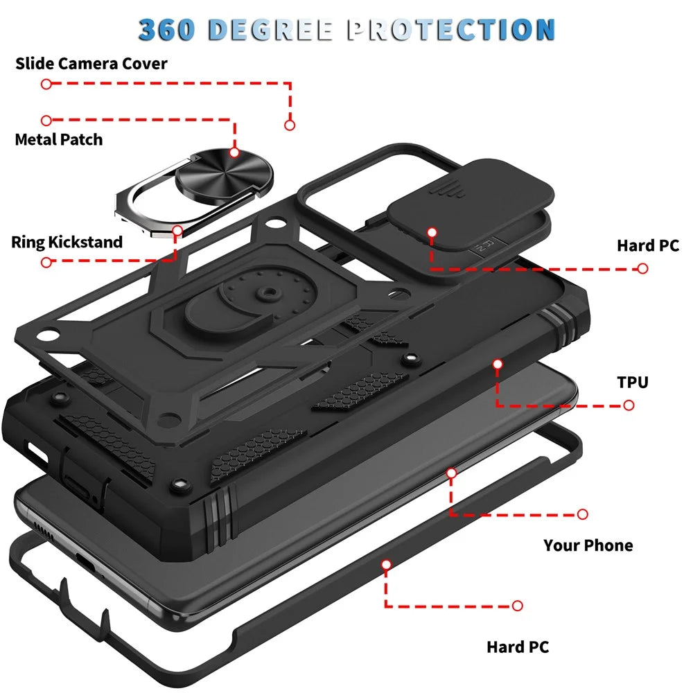 Camera Slider Design Anti-Fall Shockproof Hard PC Shield Soft TPU Phone Cover with Metal Kickstand for Samsung Galaxy S21 Ultra 5G - Black - 6