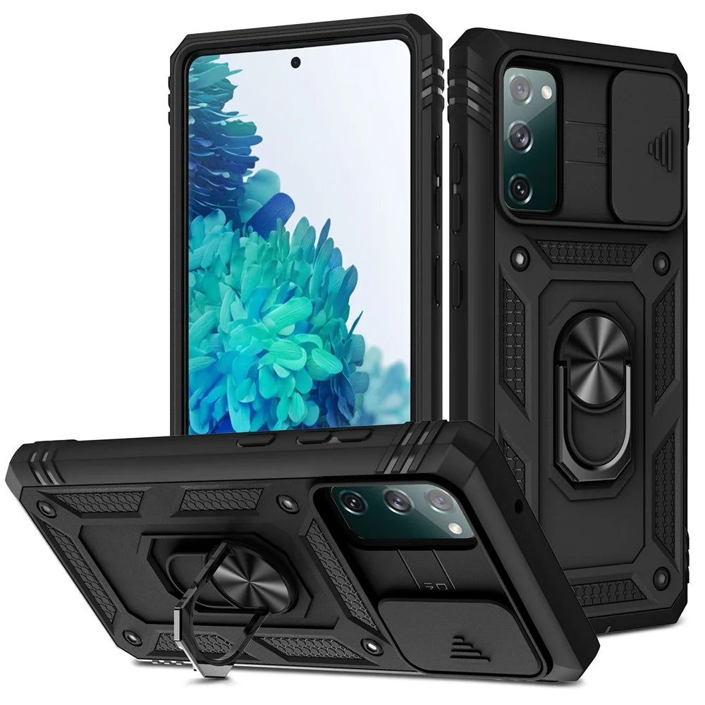 Camera Slider Design 3-in-1 TPU + PC + Metal Phone Cover Case for Samsung Galaxy S20 FE 2022/S20 FE 4G/S20 FE 5G/S20 Lite - Black - 1
