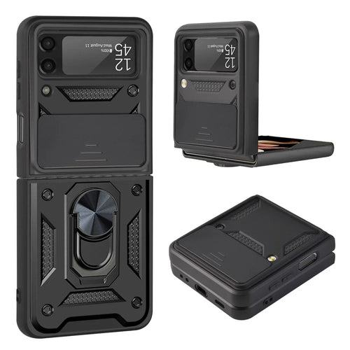 Camera Slide Cover Protective Phone Case Shell with Ring Holder Kickstand for Samsung Galaxy Z Flip3 5G - Black - 1