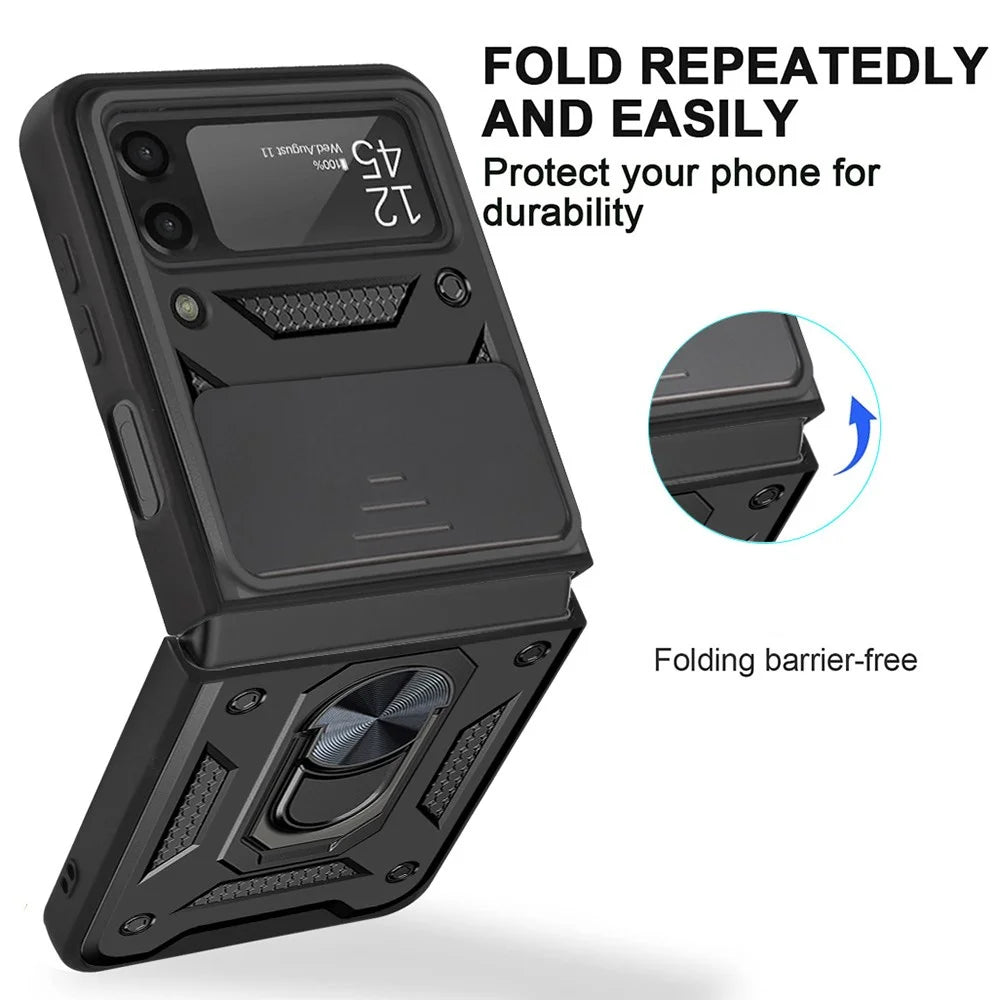 Camera Slide Cover Protective Phone Case Shell with Ring Holder Kickstand for Samsung Galaxy Z Flip3 5G - Black - 2