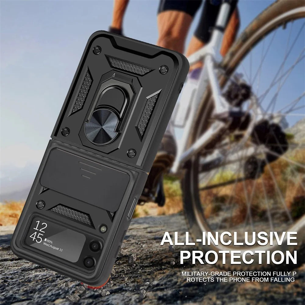 Camera Slide Cover Protective Phone Case Shell with Ring Holder Kickstand for Samsung Galaxy Z Flip3 5G - Black - 3