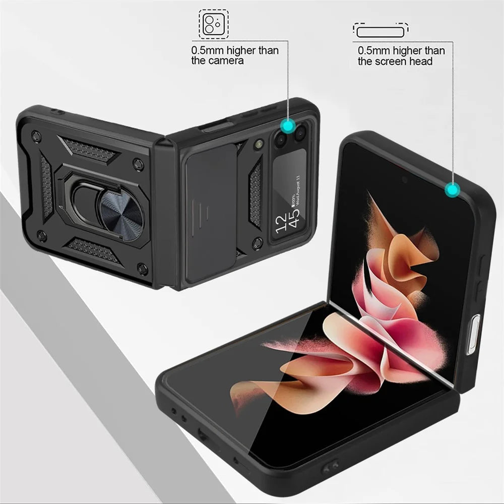 Camera Slide Cover Protective Phone Case Shell with Ring Holder Kickstand for Samsung Galaxy Z Flip3 5G - Black - 4