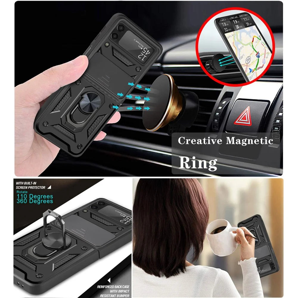 Camera Slide Cover Protective Phone Case Shell with Ring Holder Kickstand for Samsung Galaxy Z Flip3 5G - Black - 5