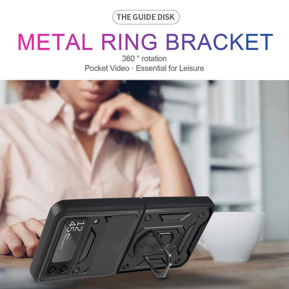 Camera Slide Cover Protective Phone Case Shell with Ring Holder Kickstand for Samsung Galaxy Z Flip3 5G - Black - 6