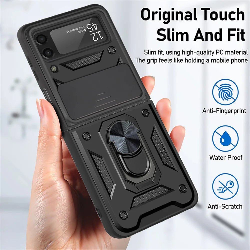 Camera Slide Cover Protective Phone Case Shell with Ring Holder Kickstand for Samsung Galaxy Z Flip3 5G - Black - 7