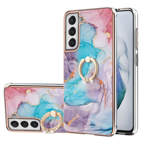 Marble Pattern Anti-Drop Stylish Flexible Bumper TPU Anti-Yellow IMD Slim Phone Case with Ring Kickstand for Samsung Galaxy S21 FE 5G/S21 Fan Edition - Milky Way Marble Blue - 1