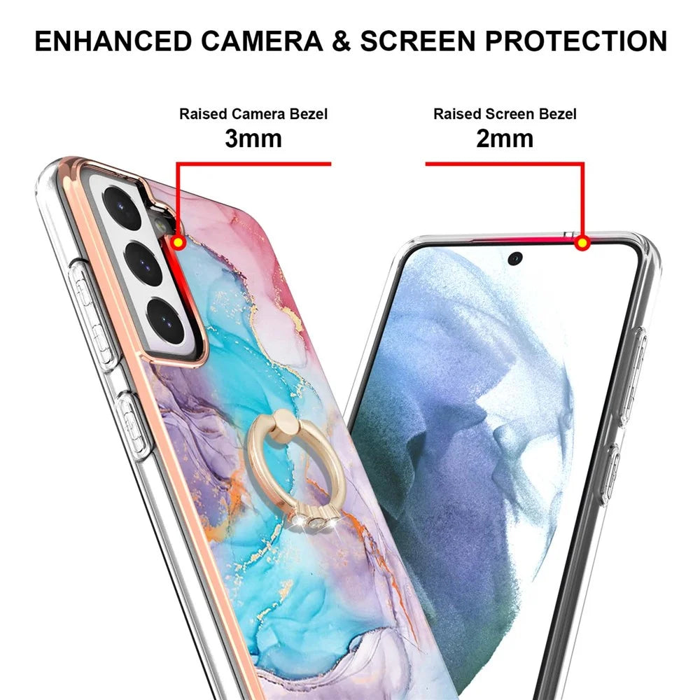 Marble Pattern Anti-Drop Stylish Flexible Bumper TPU Anti-Yellow IMD Slim Phone Case with Ring Kickstand for Samsung Galaxy S21 FE 5G/S21 Fan Edition - Milky Way Marble Blue - 2