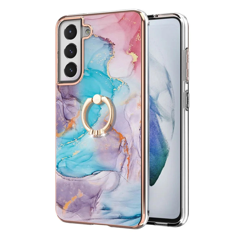 Marble Pattern Anti-Drop Stylish Flexible Bumper TPU Anti-Yellow IMD Slim Phone Case with Ring Kickstand for Samsung Galaxy S21 FE 5G/S21 Fan Edition - Milky Way Marble Blue - 3