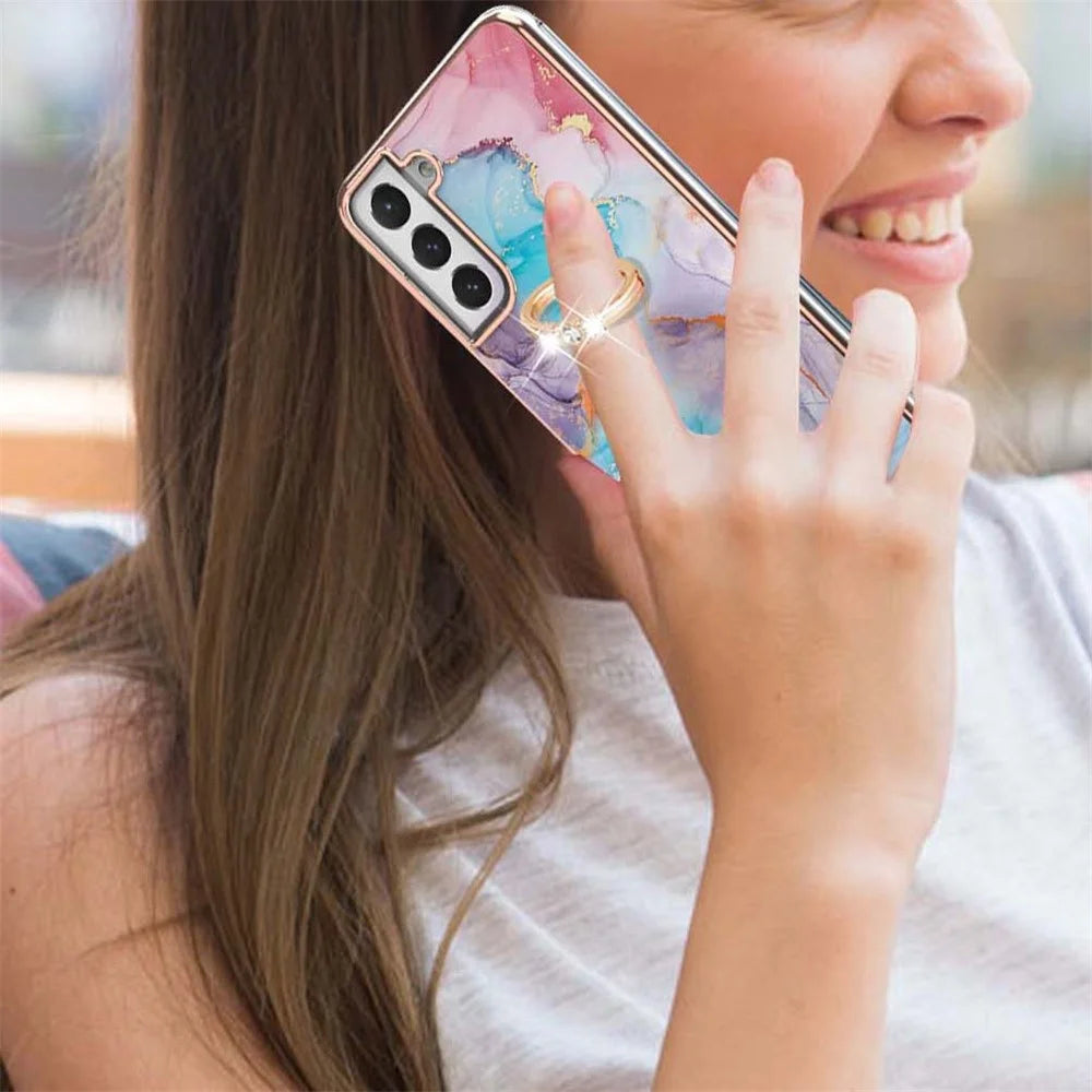 Marble Pattern Anti-Drop Stylish Flexible Bumper TPU Anti-Yellow IMD Slim Phone Case with Ring Kickstand for Samsung Galaxy S21 FE 5G/S21 Fan Edition - Milky Way Marble Blue - 4