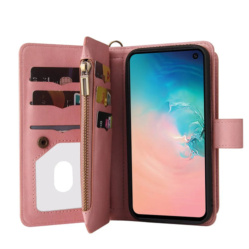 For Samsung Galaxy S10e Zipper Wallet Case with 15 Card Slots and Strap Leather Phone Cover - Pink - 1