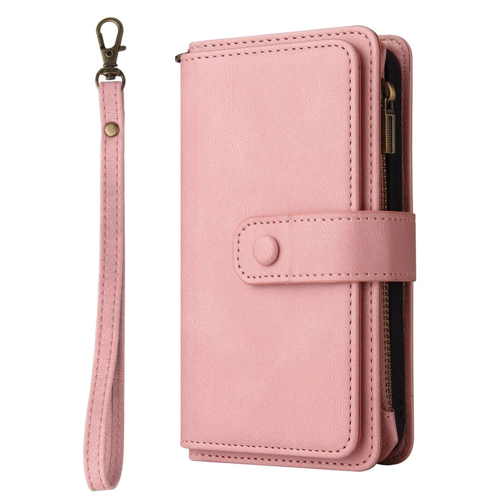 For Samsung Galaxy S10e Zipper Wallet Case with 15 Card Slots and Strap Leather Phone Cover - Pink - 2