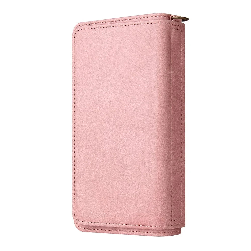 For Samsung Galaxy S10e Zipper Wallet Case with 15 Card Slots and Strap Leather Phone Cover - Pink - 3
