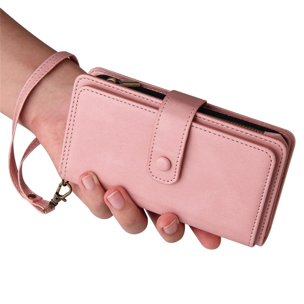 For Samsung Galaxy S10e Zipper Wallet Case with 15 Card Slots and Strap Leather Phone Cover - Pink - 4
