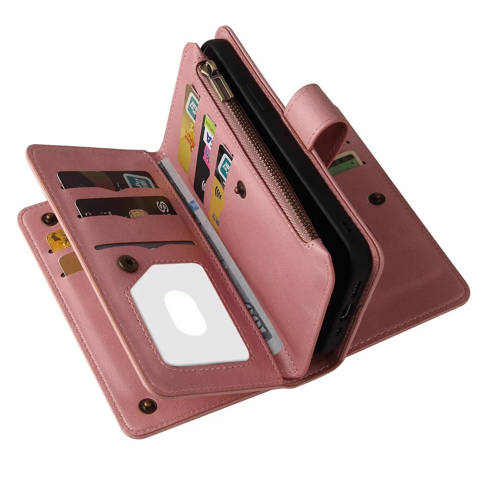 For Samsung Galaxy S10e Zipper Wallet Case with 15 Card Slots and Strap Leather Phone Cover - Pink - 5