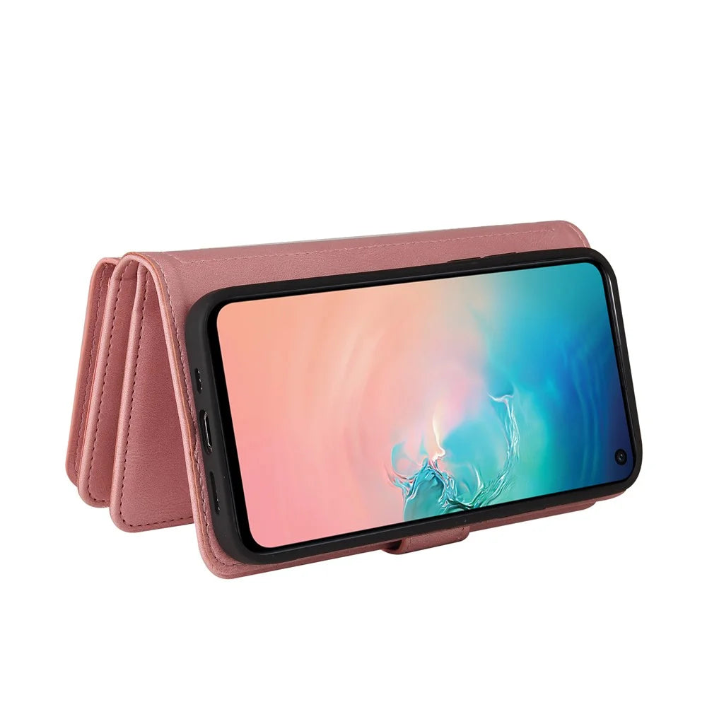For Samsung Galaxy S10e Zipper Wallet Case with 15 Card Slots and Strap Leather Phone Cover - Pink - 6
