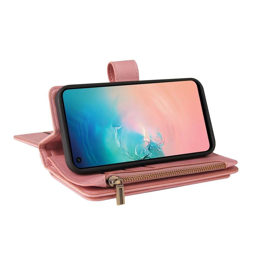 For Samsung Galaxy S10e Zipper Wallet Case with 15 Card Slots and Strap Leather Phone Cover - Pink - 7