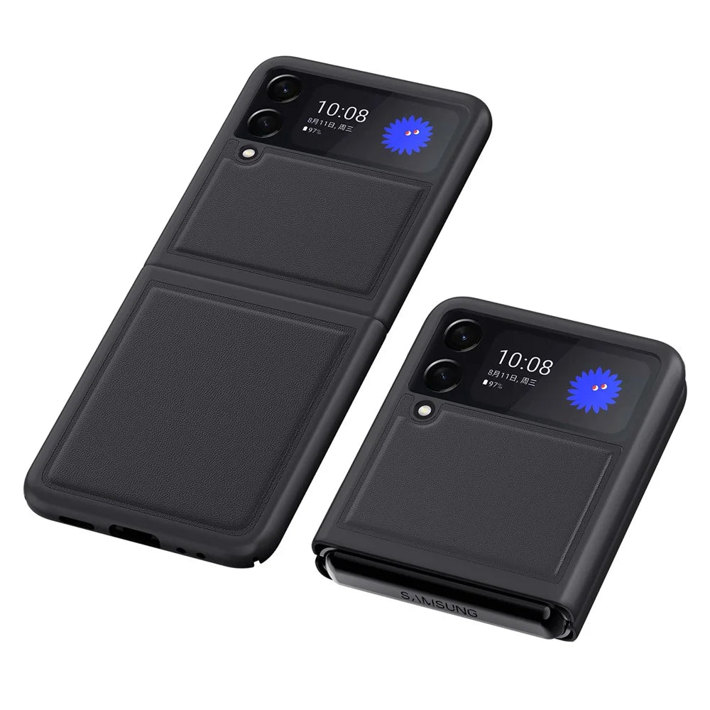 Anti-Scratch Genuine Leather Back Hard PC Hybrid Protective Case for Samsung Galaxy Z Flip3 5G - Black - 1
