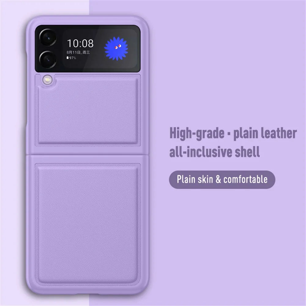 Anti-Scratch Genuine Leather Back Hard PC Hybrid Protective Case for Samsung Galaxy Z Flip3 5G - Black - 3