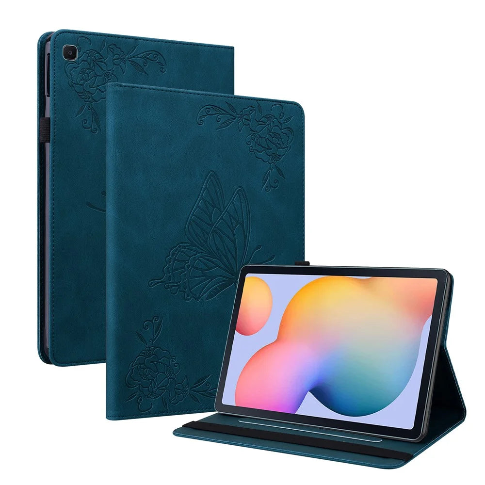 Folio Design Imprinted Butterfly Flower Shockproof PU Leather Stand Cards Slot Cover for Samsung Galaxy Tab S6 Lite (2020) / (2022) / (2024) - Blue - 1