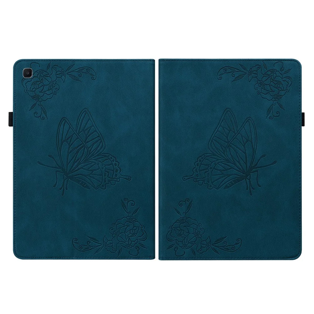 Folio Design Imprinted Butterfly Flower Shockproof PU Leather Stand Cards Slot Cover for Samsung Galaxy Tab S6 Lite (2020) / (2022) / (2024) - Blue - 2