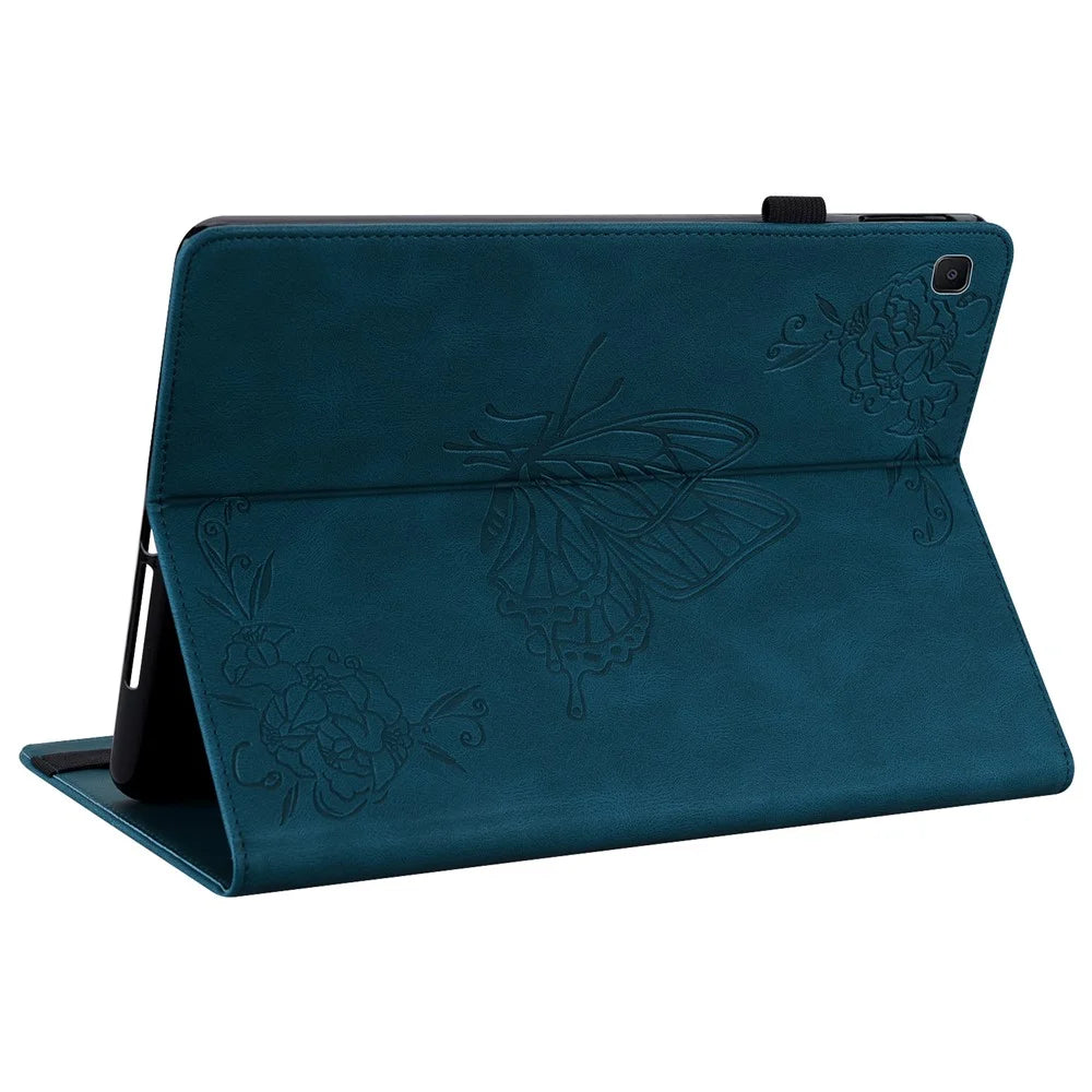 Folio Design Imprinted Butterfly Flower Shockproof PU Leather Stand Cards Slot Cover for Samsung Galaxy Tab S6 Lite (2020) / (2022) / (2024) - Blue - 4