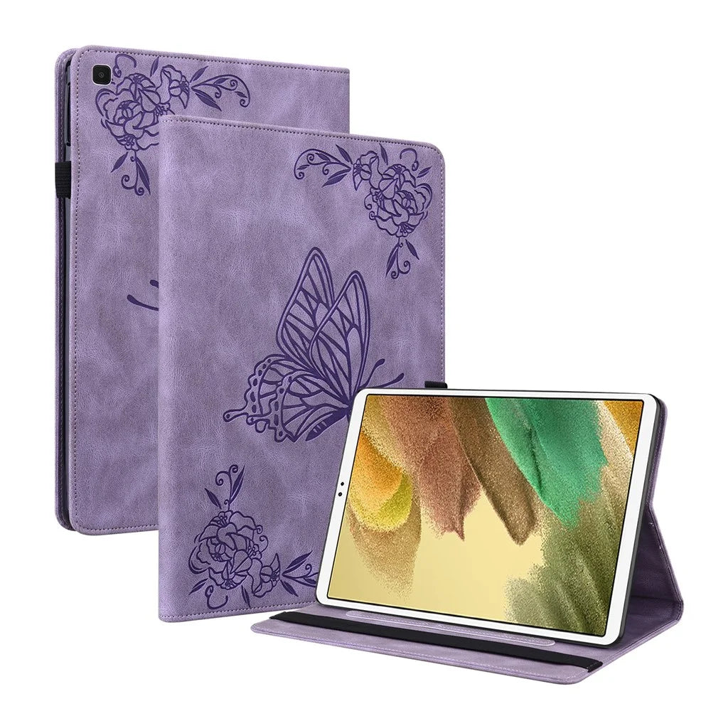 Imprinted Butterfly Flower PU Leather Card Slots Multi-Angle Stand Case with Elastic Band for Samsung Galaxy Tab A7 Lite 8.7-inch - Purple - 1
