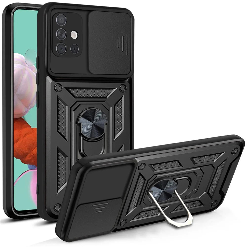 Anti-fingerprint Durable PC + TPU Slide Camera Cover Kickstand Phone Case for Samsung Galaxy A51 4G SM-A515 - Black - 1