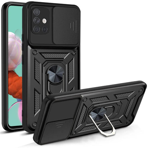 Anti-fingerprint Durable PC + TPU Slide Camera Cover Kickstand Phone Case for Samsung Galaxy A51 4G SM-A515 - Black - 1