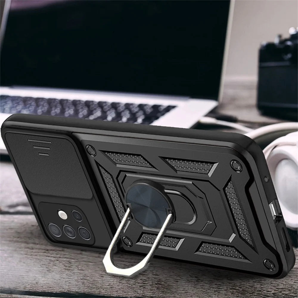 Anti-fingerprint Durable PC + TPU Slide Camera Cover Kickstand Phone Case for Samsung Galaxy A51 4G SM-A515 - Black - 3