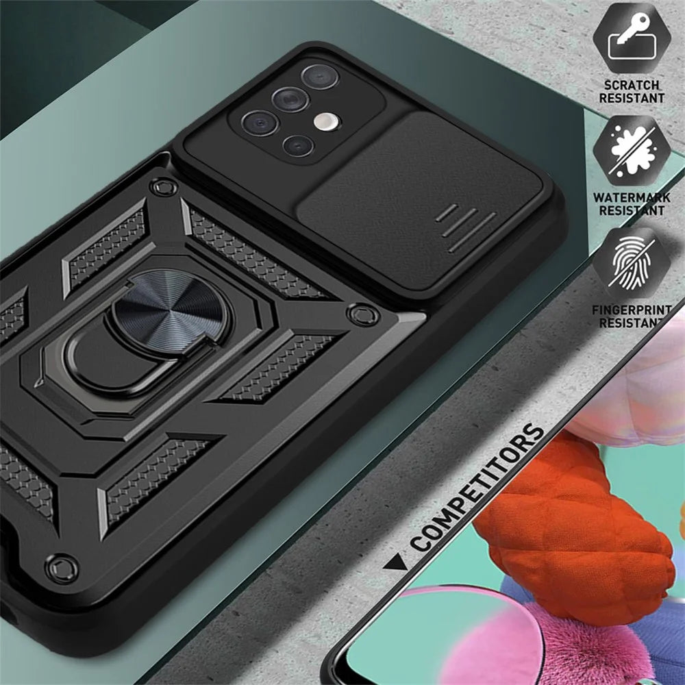 Anti-fingerprint Durable PC + TPU Slide Camera Cover Kickstand Phone Case for Samsung Galaxy A51 4G SM-A515 - Black - 4