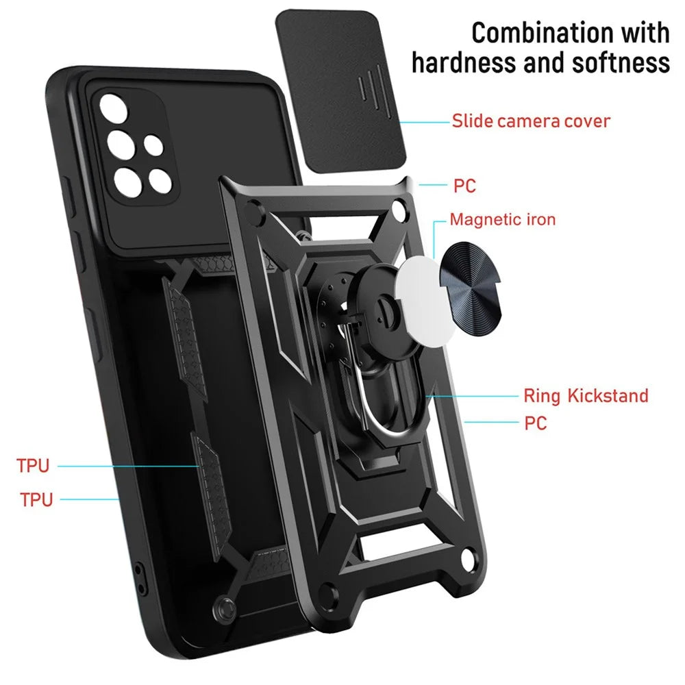 Anti-fingerprint Durable PC + TPU Slide Camera Cover Kickstand Phone Case for Samsung Galaxy A51 4G SM-A515 - Black - 5