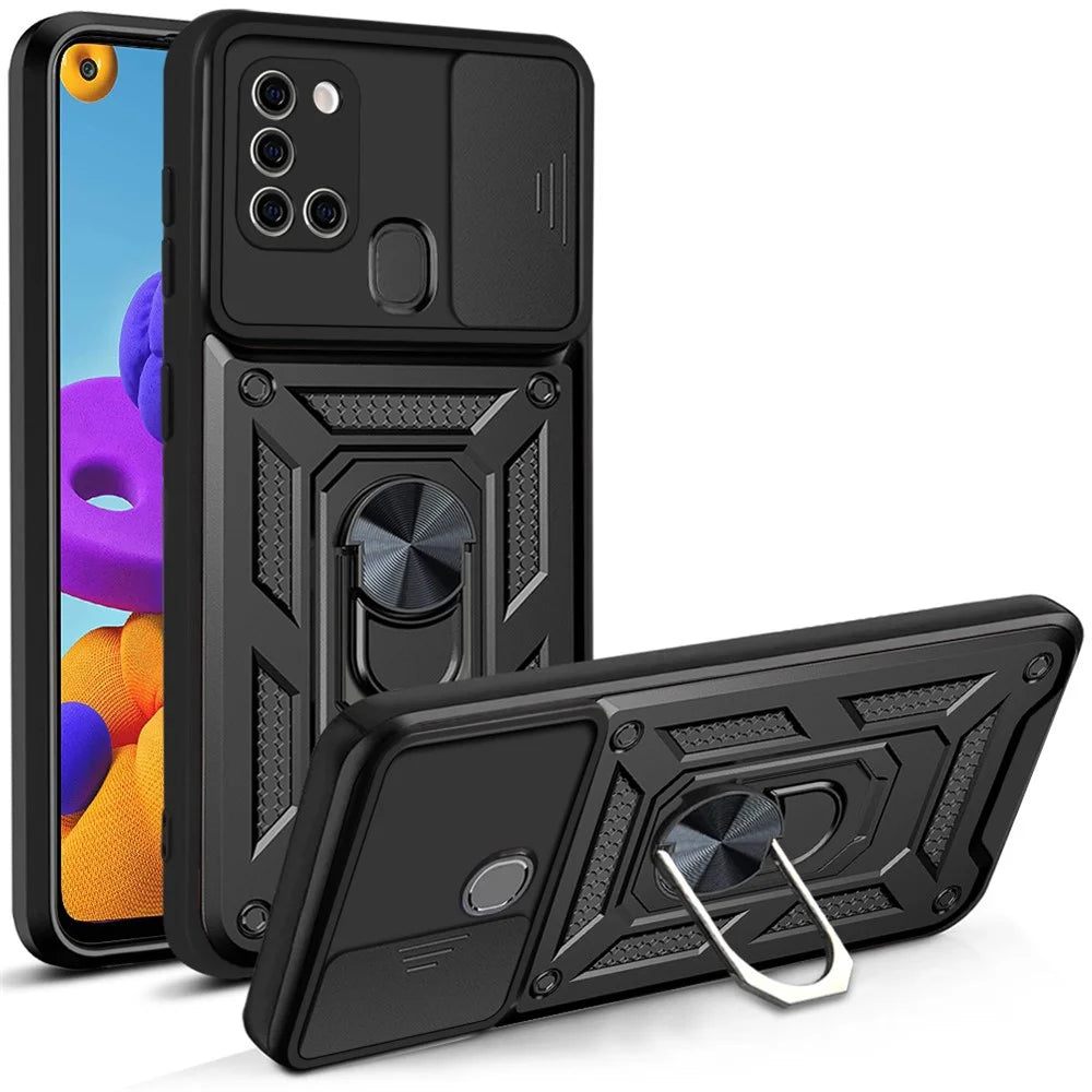 Kickstand PC + TPU Anti-fingerprint Durable Slide Camera Cover Phone Case for Samsung Galaxy A21s - Black - 1