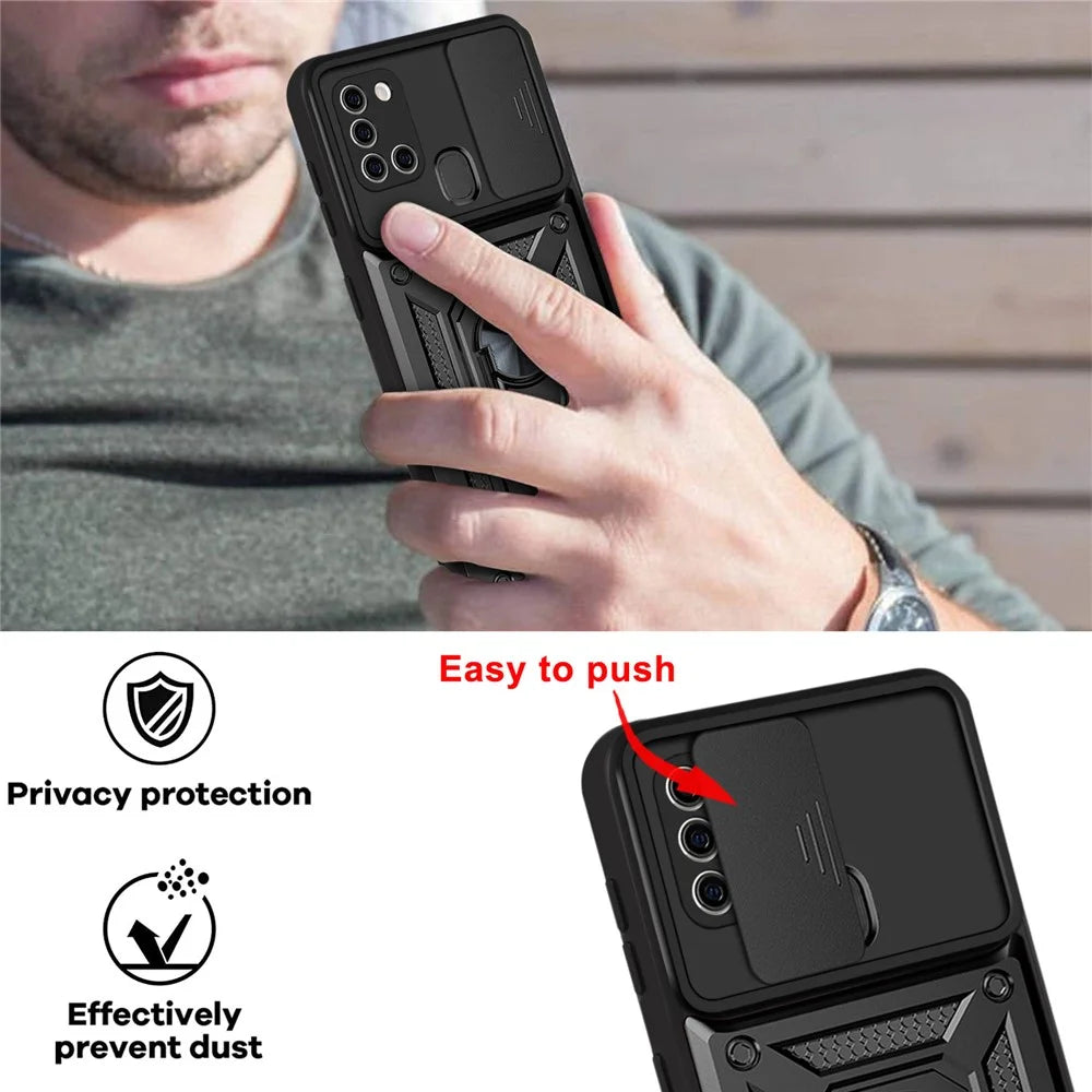 Kickstand PC + TPU Anti-fingerprint Durable Slide Camera Cover Phone Case for Samsung Galaxy A21s - Black - 2