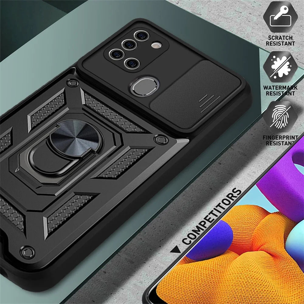 Kickstand PC + TPU Anti-fingerprint Durable Slide Camera Cover Phone Case for Samsung Galaxy A21s - Black - 4