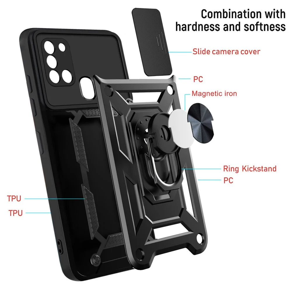 Kickstand PC + TPU Anti-fingerprint Durable Slide Camera Cover Phone Case for Samsung Galaxy A21s - Black - 5
