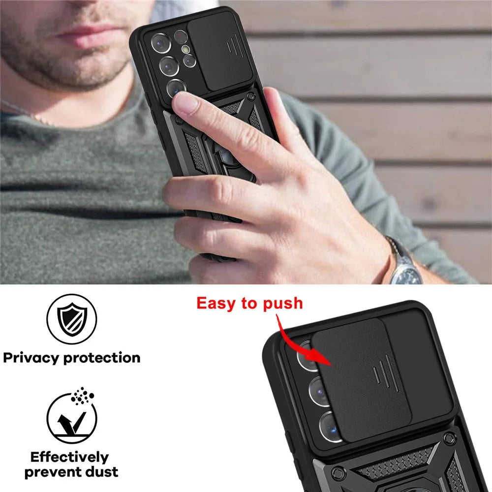 Slide Camera Cover PC + TPU Shockproof Scratch-Resistant Kickstand Phone Case for Samsung Galaxy S21 Ultra 5G - Black - 2