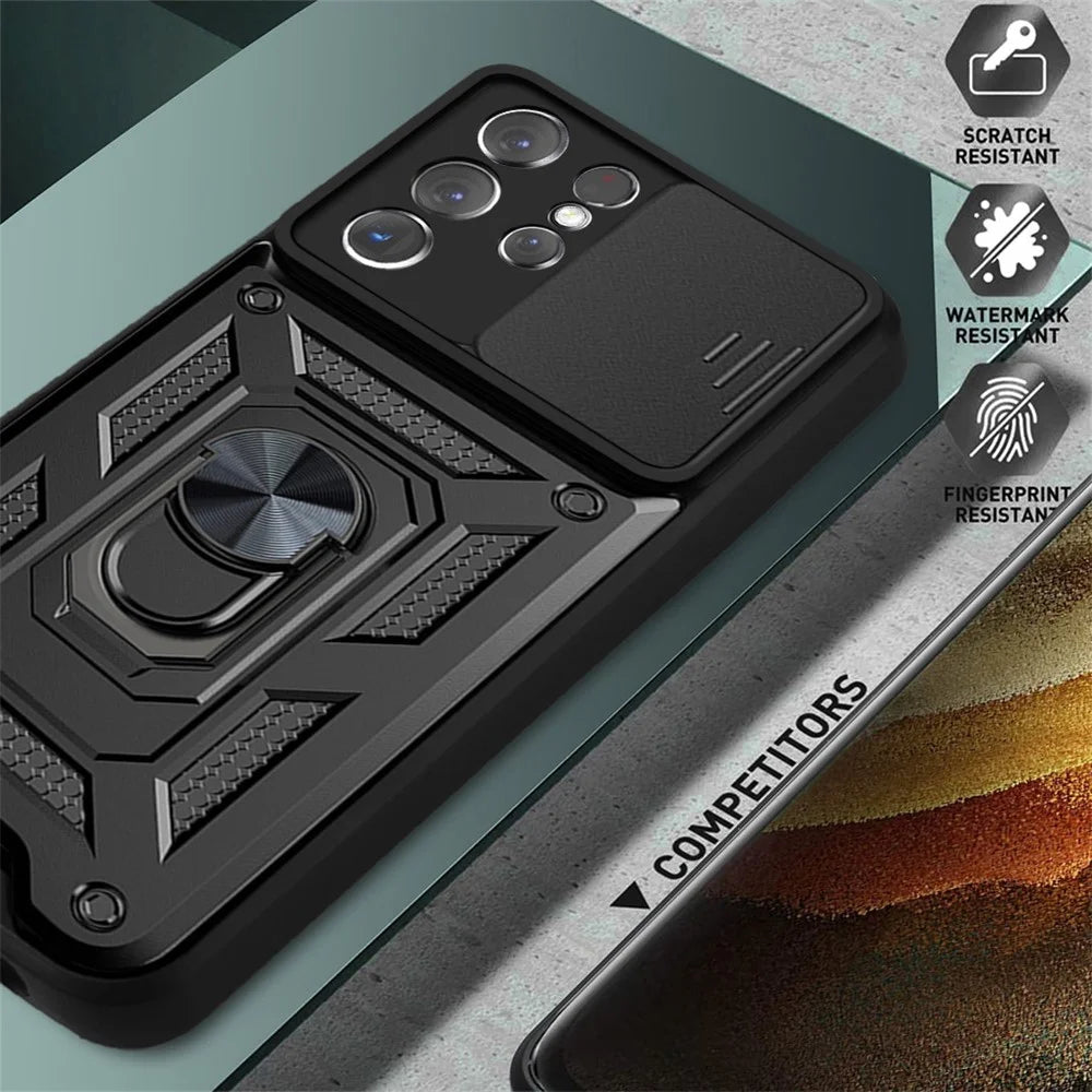 Slide Camera Cover PC + TPU Shockproof Scratch-Resistant Kickstand Phone Case for Samsung Galaxy S21 Ultra 5G - Black - 4